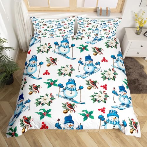 Manfei 2 Pieces Winter Sport Skiing Duvet Cover Twin Size for Teens Youth,Cute Christmas Snowman Cartoon Comforter Cover,Red Green Flowers Leaves Farmhouse Style Super Soft Bedding (Not Comforter)