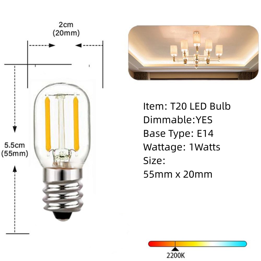 10 Piezas T20 1W E14 220V LED Bombilla Tubo De Luz De Filamento Tubular Regulable Refrigerador De Vidrio Transparente Colgando Mini Lámpara De Noche