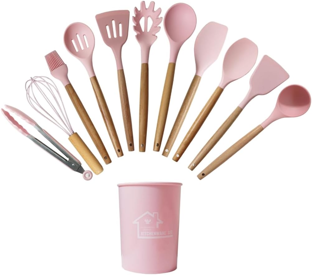 12x Heat Silicone Cooking Tools Silicone Spatulas for Cooking Kitchen Gadget Wooden Handles Spatula Spoon