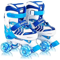 Patines Quad Niño Sawyer Bikes - Patines Ajustables 4 Ruedas LED - Niños 3 a 12 Años (XS (23-26), Azul)