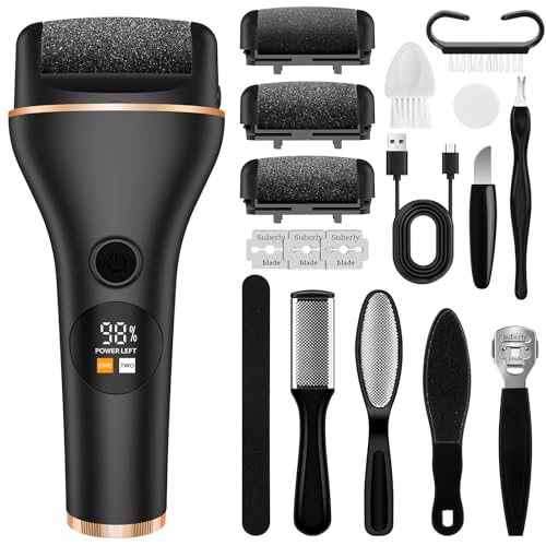 Mexgcom Lima Electrica Pies Durezas, Pedicura Profesional para Pies 18 Piezas Set con 3 rodillos de repuesto y 2 Velocidades con led y luz para Pies para el Cuidado de Los Pies y Pedicura, Negro
