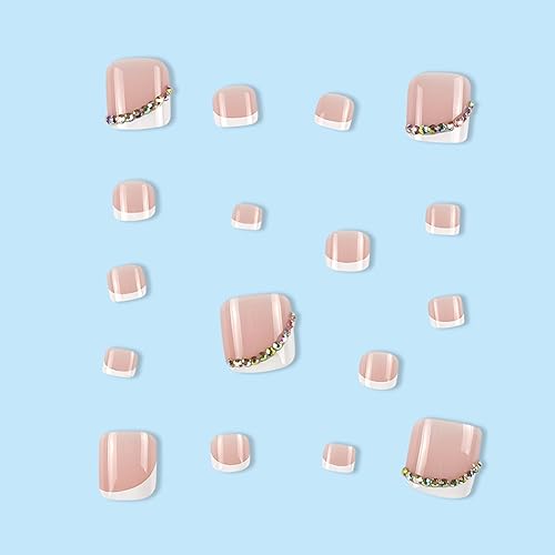 Miniatura 2 de Uñas postizas de punta francesa a presión, uñas postizas cuadradas cortas con diseño de diamantes de imitación blancos, uñas acrílicas para uñas de