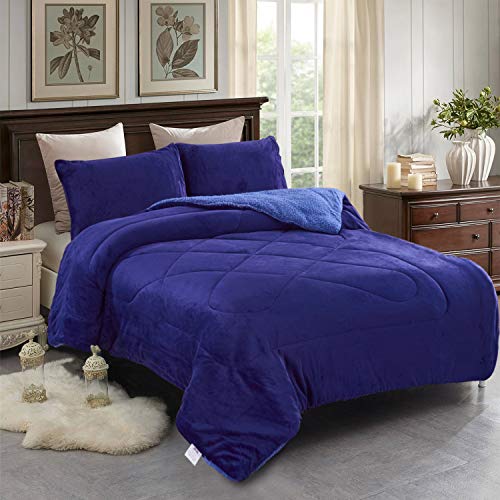 JML Fleece Blanket, 3-Piece Sherpa Borrego Blanket with Pillow Shams - Super Soft Warm Reversible Thick Comforter Set for Winter (Solid Color - Navy, Cal King(87