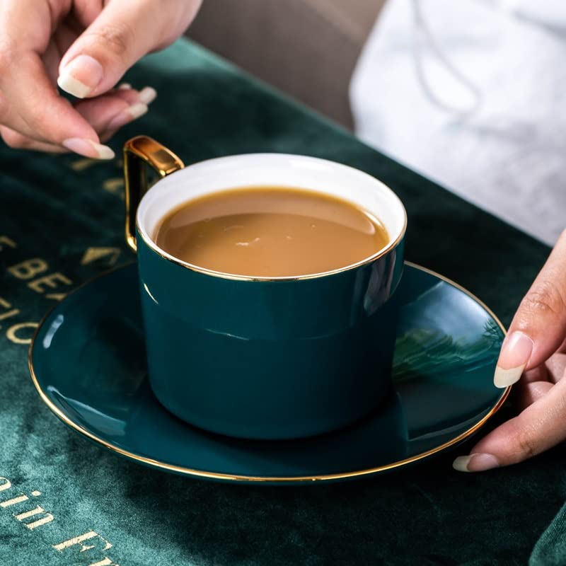 Tea-Set-Coffee-Cup-Set-Tea-Cup-Set-Tea-Cup-Set-Tea-Cups-and-Saucers-with-Metal-Holder-Gold-Trim-Simple-Ceramic-Coffee-Tea-Set-Green-13-Pieces-Black-19-Pieces-Green-13-Pieces