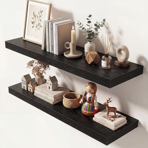 Image of Dreamland 32 Inches Floating Shelves for Wall, 9.3 inch Deep Long Floating Shelves Set of 2, Large Display & Storage Shelf, Wall Shelf for Bathroom Bedroom Living Room Kitchen Office, Black
