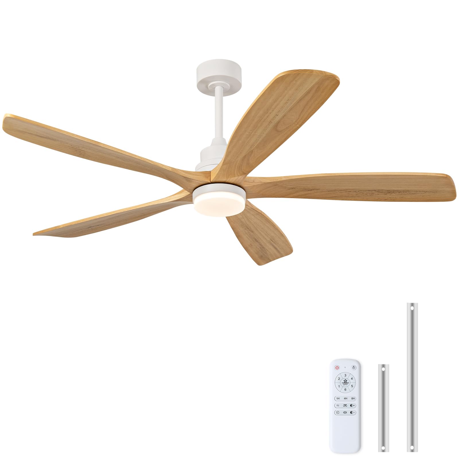 BOJUE 60 Inch Outdoor Ceiling Fans with Lights and Remote Control, Dimmable 5 Blade Wood Outdoor Ceiling Fans for Patios, White Natural Wood Bedroom Ceiling Fan with Lights, Noiseless DC Motor