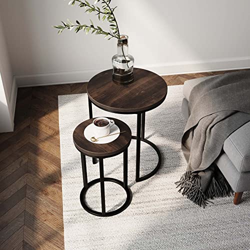 Nathan James Lula Nesting Round Side Set Of 2, Accent End Table For Living Room With Wood Or Marble Finish Tabletop And Metal Base, Nutmeg/Black #TOP2