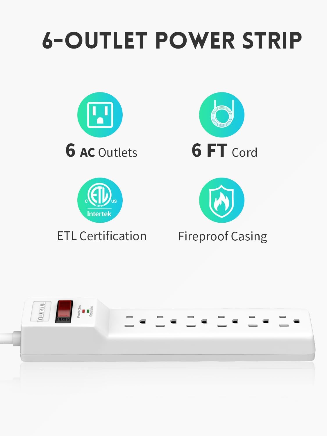 PLUGTUL Power Strip Surge Protector 6FT, 980Joules, 6 Outlet, Flat Plug, Wall Mountable for Home Office Garage, ETL Listed, White