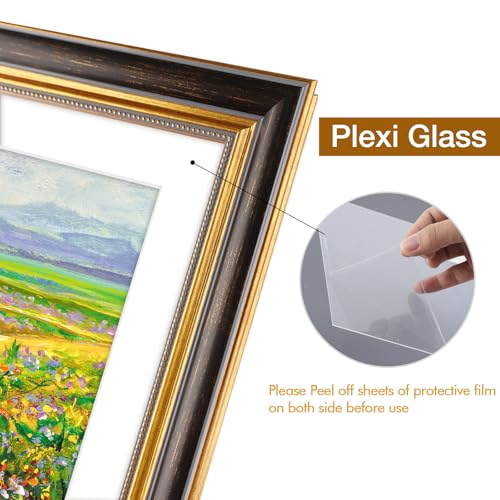 Image of Golden State Art,8.5x11 Ornate Picture Frame Holds 6x8 Photo,Black Gold | Includes plexiglass front,white mat,easel stand,build-in hangers /buttons.Display 6x8 photo.Great for home decor or as a gift