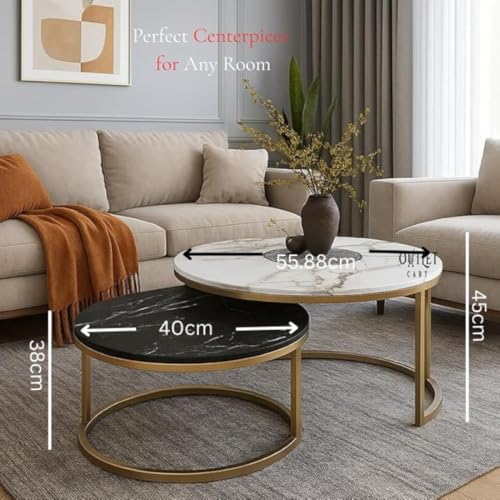 Image of 2-Piece Round Coffee Table Set | Marble Finish MDF Top with Golden Iron Frame | Modern Center & Side Table for Living Room, Bedroom & Small Spaces Gold -Black-White
