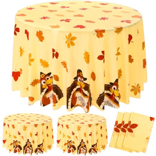 Image of LemonRoad 3 Pcs Fall Plastic Round Tablecloth for Thanksgiving | 84 Inch, Turkey Maple Leaves, Thanksgiving Disposable Table Cover, Autumn Circular Table Cloth, for Fall Harvest Party Decor