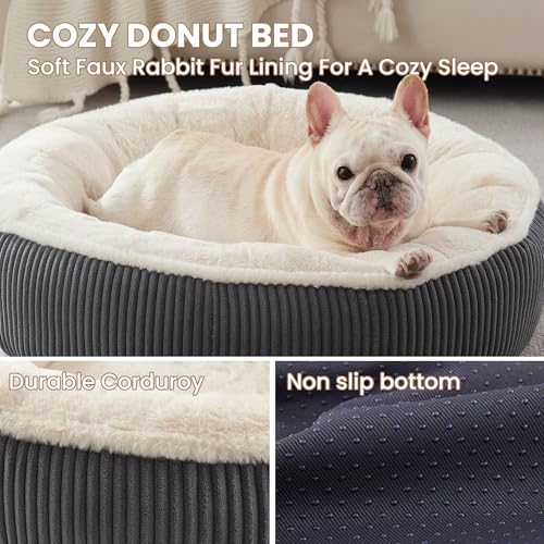 Image of 30 inches Donut Dog Bed for Medium Dogs,Calming Round Pet Bed with Removable & Washable Cover,Plush Faux Fur & Corduroy, Fits up to 30 lbs Pets(Dark Grey,Medium)