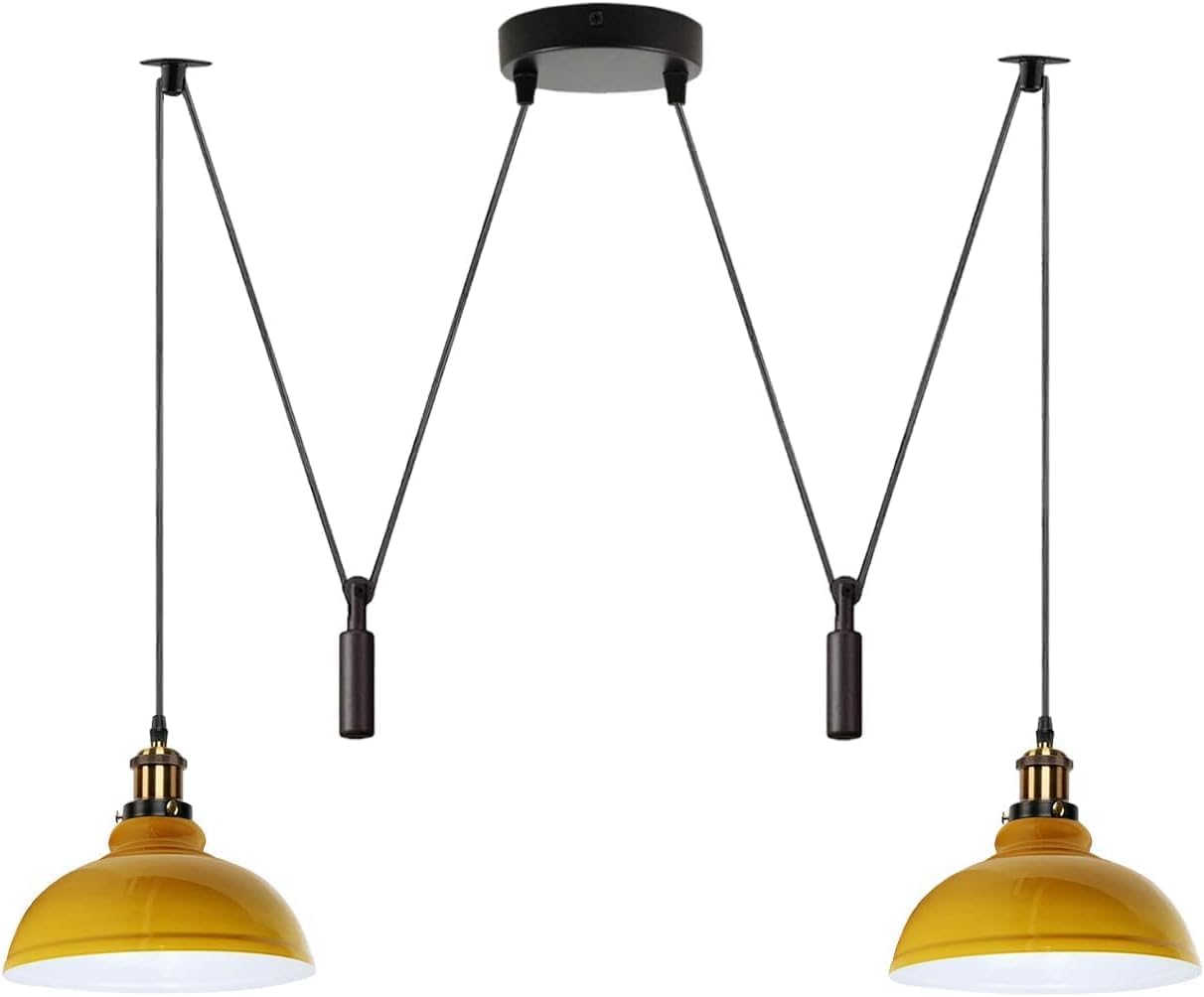 LEDSone Lámpara colgante de araña de 2 cabezas, pantalla metálica de 29 cm, cable ajustable de 195 cm, casquillo Edison vintage E27 de 60 W, iluminación industrial retro. (Amarillo)