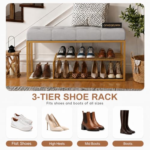 Image of Entryway Shoe Rack with Cushioned Seat, Shoe Bench for Entry, 2 Shelves Storage Bed Bench