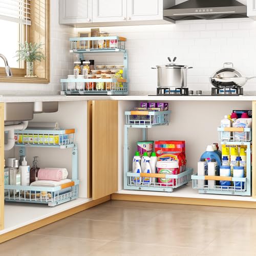 Image of PXRACK Under Sink Organizer, Adjustable Height, 2 Tier Pull Out Under Cabinet Organizer, Slide Out Thickened Metal Under Sink Storage for Kitchen Bathroom Laundry Pantry Cabinet, Blue, Large-1-Pack