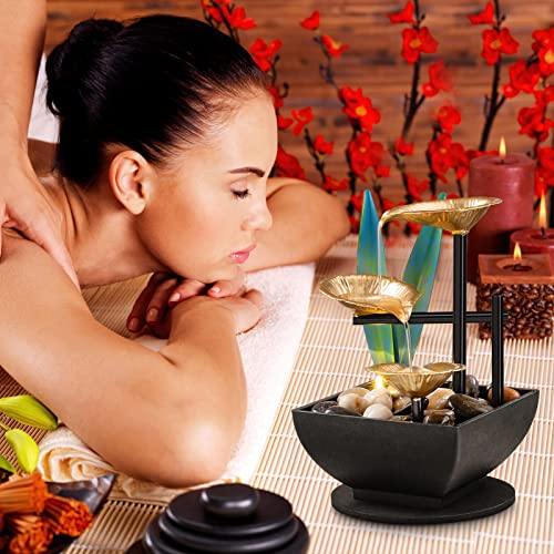 Amootek Tabletop Fountain Desktop 3-Tier Indoor Golden Lotus Leaf Relaxation Fountains Waterfall, Office Home Decor Including Lots Of Natural River Rocks And Warm Yellow Scene Light, Am-Mr2005 #TOP4
