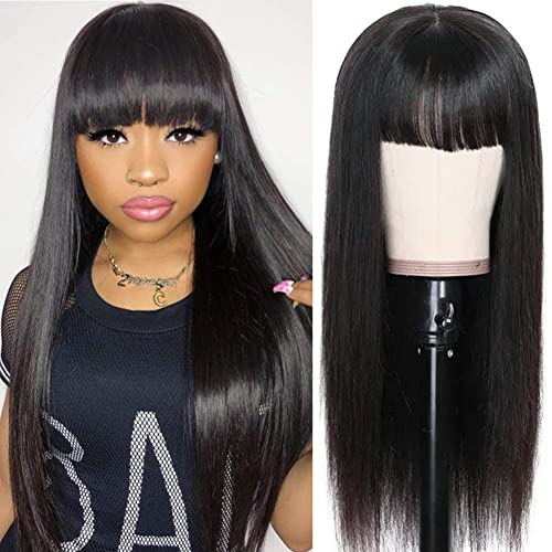 Amella Hair Brazilian Silky Straight Human Hair Wigs with Bangs 150% Density None Lace Front Wigs Human Hair for Black Women 10A Lace Vortex Wigs(16inch, Straight Wig with Bangs)