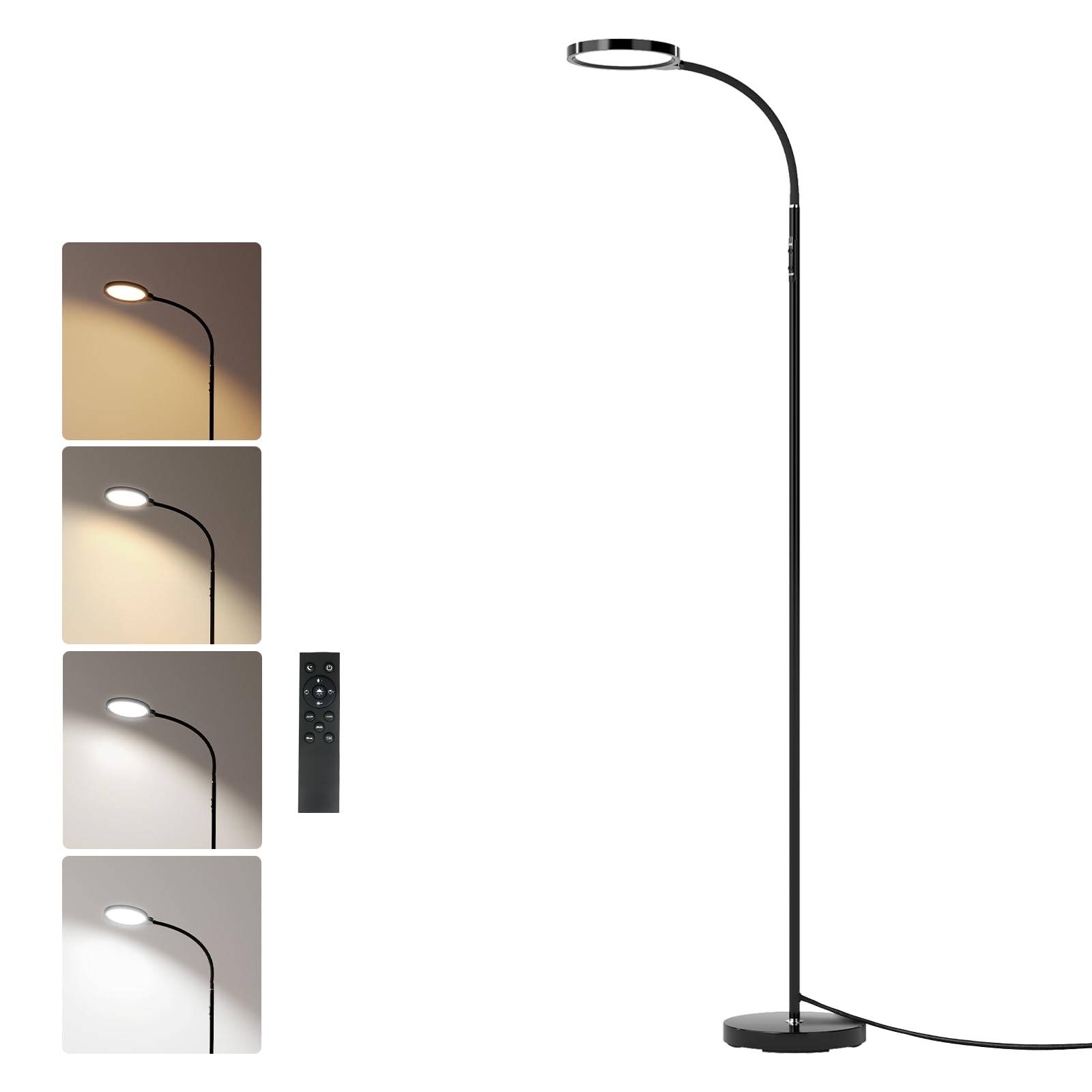 Emitto Floor Lamp with Remote Control, 360° Adjustable Gooseneck Standing Lamp for Living Room, 4 Color Modes Reading Lamp with Timer, Tall Lamp for Bedroom Office[Energy Class A]