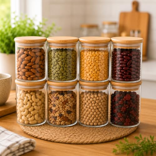 Image of Airtight Glass Storage Jar with Bamboo Lid, 500ml| Borosilicate Multipurpose Kitchen Container for Coffee, Tea, Sugar, Spices, Dry Fruits & Snacks | Pantry Organizer (Pack of 8)