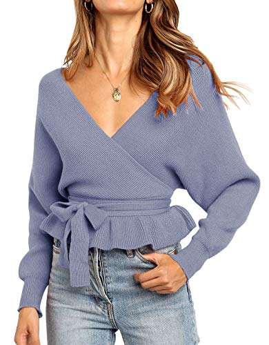 Image of ZESICA Women's Fall 2026 Wrap V Neck Long Batwing Sleeve Belted Waist Ruffle Knitted Sweater Pullover Top