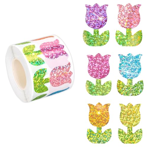 Image of 500Pcs Spring Vinyl Tulip Stickers Roll 1.2in Large Glitter Stickers 6 Colors Flower Label Tag Self-Adhesive Classroom Reward Waterproof Decals for Birthday Envelope Journal Decor