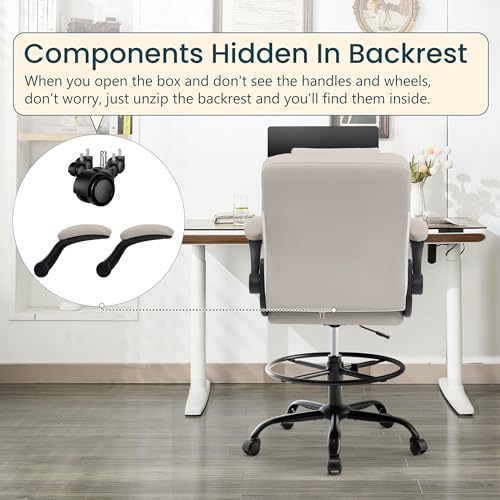 Image of Drafting Chair 500Lbs, Tall Office Chair for Standing Desk, High PU Leather Executive Office Chair with Flip-up Armrests, Ergonomic High Chair with Adjustable Foot Ring, Comfy Stool Chairs, Beige