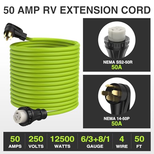 Image of Nilight 50FT 50 Amp RV Locking Extension Cord 250V Heavy Duty 6 /3+8 /1 Gauge Pure Copper STW Wire UL ETL Listed 4 Prong 14-50P SS2-50R Weatherproof Suit for Camper Caravan Trailer Bright Green