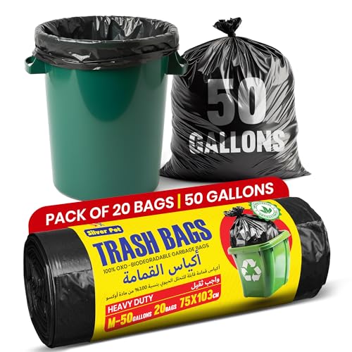 Silver Pot Black Garbage Bags Pack of 1 - Medium 20 bags 50 Gallons (75cm x 103cm) Extra Strong & Bio-Degradable Heavy Duty Disposable Waste Bags for Home Office & Outdoor Use