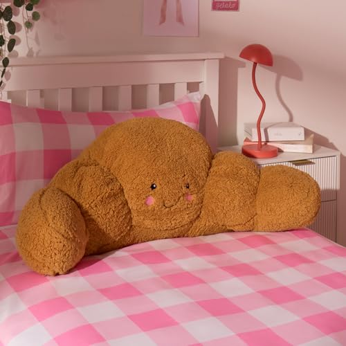 OHS Reading Pillow for Bed Adult Croissant Gift Cuddle Cushion Super Soft Cosy Teddy Fleece Kids Cushions with Arms Back Cushion Sit Up in Bed Pillow Relaxing Comfy Brown - 45 x 40 x 30cm