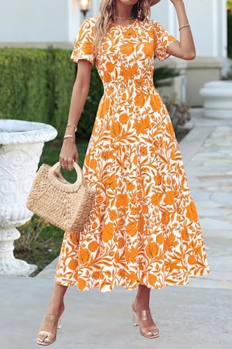 Image of PRETTYGARDEN Women's Casual Smocked Boho Floral A-Line Maxi Dress 2026 | Summer Short Flutter Sleeve Crewneck Tiered Long Sundress,Fall Wedding Guest Dresses,Spring Cute Flowy Beach Vacation Clothes