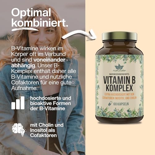 naturalie® - Vitamin B Komplex Kapseln | hochdosiert mit allen bioaktiven B-Vitaminen + Cofaktoren (Cholin, Inositol) | schadstoffgeprüft | ohne unnötige Zusatzstoffe | 60 Kapseln im Braunglas