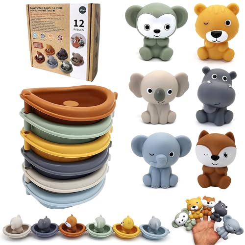 Bath Toys Floating Boats, 12 Pcs Baby Bath Toys 6-12 Months - Soft, Squeezable & Float on Water, Silicone Bath Finger Puppets for Toddlers Animal Bathtub Toys for 1 2 3 4 5 Boy Girl Kids (12)