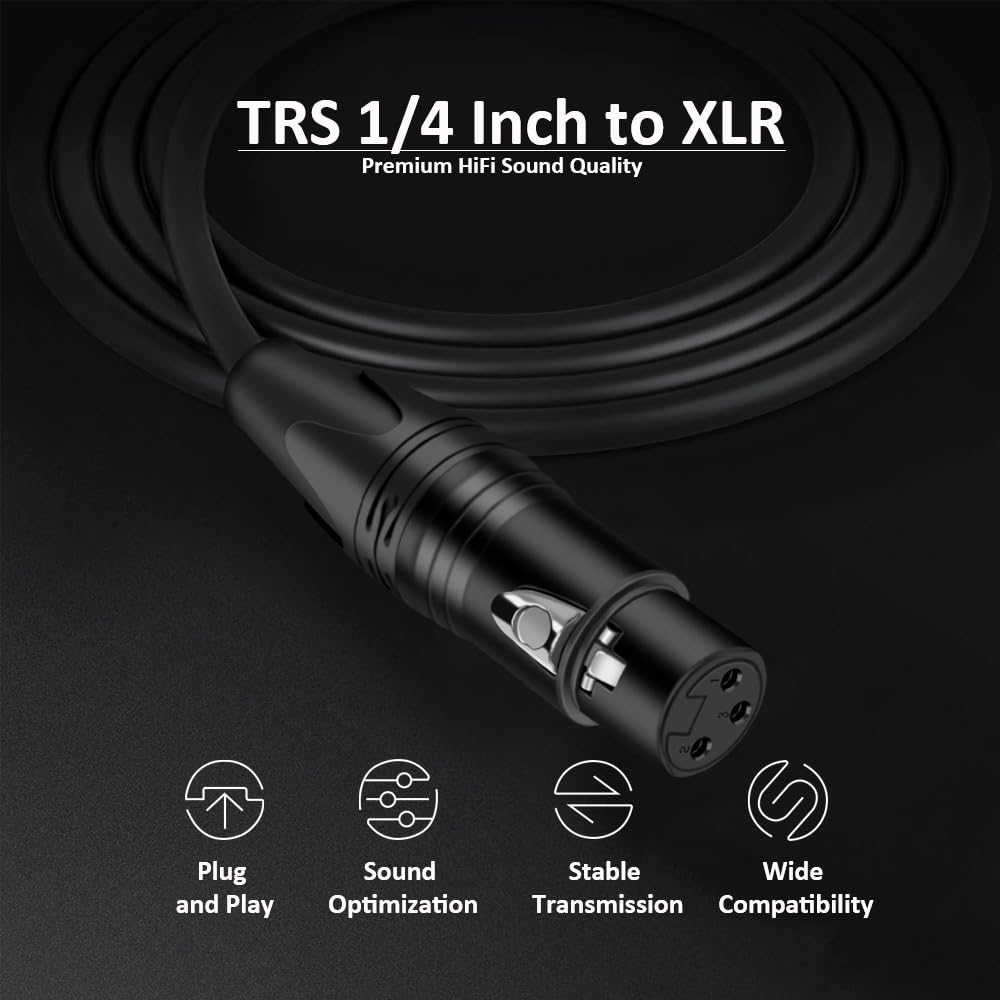 TRS Kabel audio 6,35 mm/6,5 mm do XLR żeński, 15,2 m, 3-pinowy XLR na ćwierć cala, do mikrofonu, miksera, gitary, wzmacniacza głośników - czarny