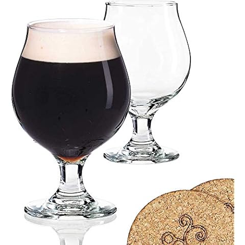 ECODESIGN-US Beer Glasses Belgian Style Tulip - 13 Oz - Set of 2 w/Coasters - Birthday Housewarming Bachelor Party Glassware Gift for Men Cover