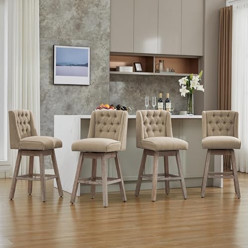 Image of Swivel Bar Stools Set of 2, Counter Height Barstools with Back, Linen Fabric Upholstered Bar Stools, 28 inch Modern Barstools Wood Legs for Kitchen Island Dining Room Bar