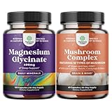 Bundle of Magnesium Glycinate Capsules Mineral and Nootropic Brain Focus Mushroom - Immune Support Bone Health Mood Support - 10X Mushroom Blend for Sugar Balance and Mental Focus