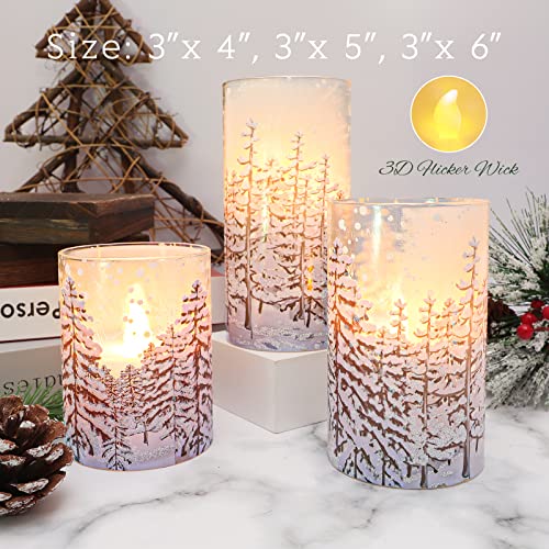 Image of Christmas Tree Flameless Candles, Flickering Battery Operated LED Candles with Remote Timer, Snowflake Iced Glass Pillar Candles for Holiday Party Home Decoration Christmas Gifts, Set of 3