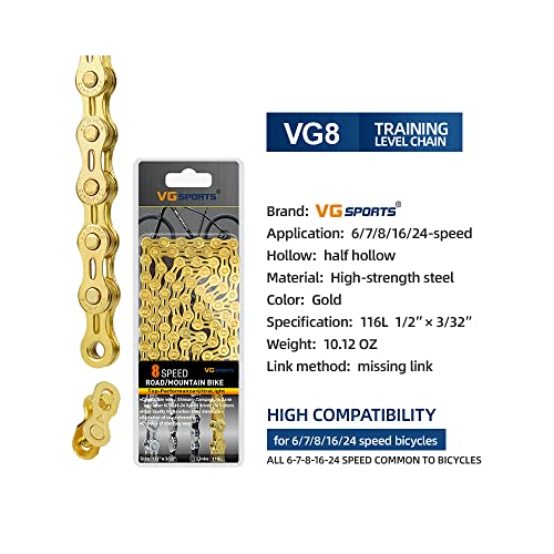 VG SPORTS 6/7/8/9/10/11 Speed Bike Chains,Half Hollow/Full Hollow Lightweight Bicycle Chains for Road Bike/MTB/BMX,Silver/Gold/Titanium/Rainbow 116 Links with Missing Link - Thumbnail 6