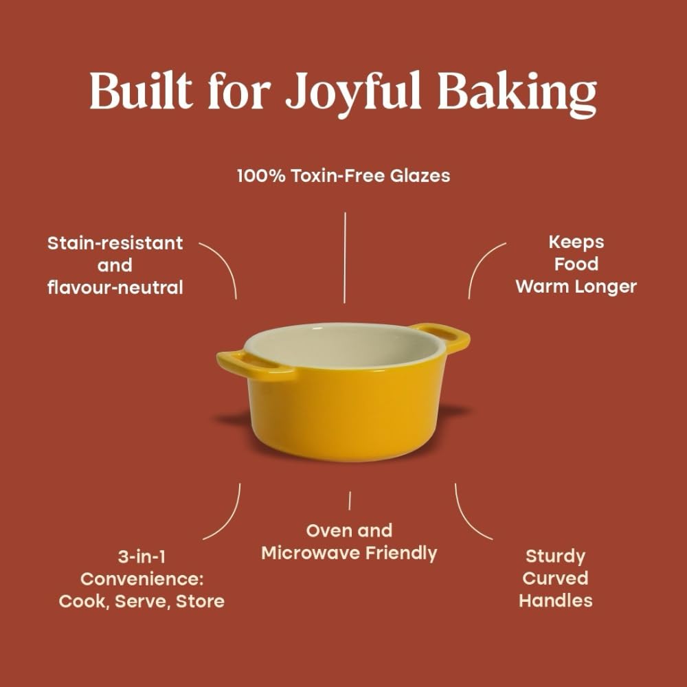 CUMIN CO. Ceramic Mini Cocottes | Set of 2 | Free Heat Insluated Holders | Enamel Coated, FDA Compliant | 100% Toxin-Free Bakeware | Induction, Micro & Oven Safe | Rust 1