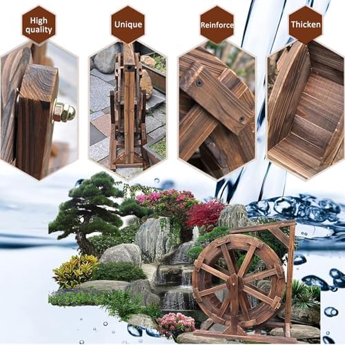 Rustic Water Wheel Fountain - Freestanding Outdoor/Indoor Decorative Spitter, Vintage Ornamental Water Feature with Stand (7.8in Dia) - Perfect Garden Decor