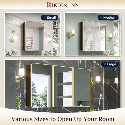 Keonjinn 24 x 32 Inch Gold Recessed Medicine Cabinets, Bathroom Mirrored Medicine Cabinet, Dim Brushed Brass Stainless Steel Framed, Adjustable Shelves, in Wall or Surface Mount, Sturdy & Heavy