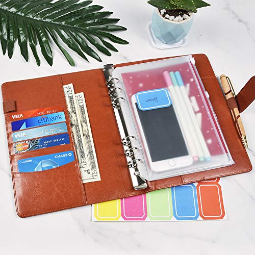 A6 PU Leather Notebook Binder,Refillable 6-Ring Budget Binder for A6 Filler Paper Binder Pockets,Personal Organizer Planner Binder with Magnetic Buckle & Self-Adhesive Label（Brown+Black ） - Thumbnail 4