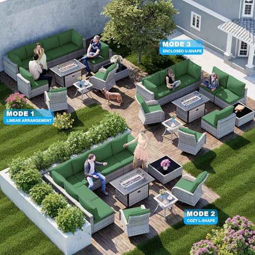 Image of 11-Piece Patio Furniture Set, Outdoor Patio Furniture with 55,000 BTU Fire Pit Table, Swivel Chairs Set, Thick Cushions, Modular Patio Sofa, Dual-Strand Wicker Rattan, Rust-Resistant Frame, Dark Green