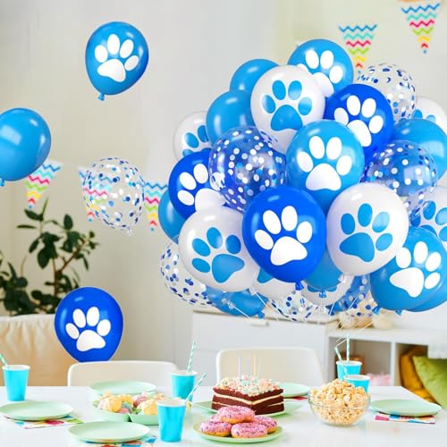 Image of Paw Balloons 12 Inch Paw Print Navy Blue Light Blue White Balloons | Dog Balloons with Confetti and Ribbon for Birthday Baby Shower Celebration Graduation Party Decorations