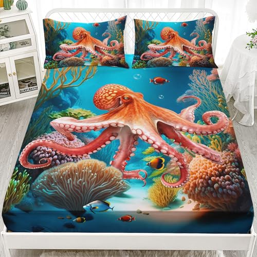 AILONEN Octopus Fitted Sheet Twin Size, 3D Octopus Turquoise Themed Bedding Set for Kids Boys,Boho Mandala Ocean Theme Bedding Set,3 Pieces,1 Soft Breathable Fitted Sheet and 2 Pillowcases
