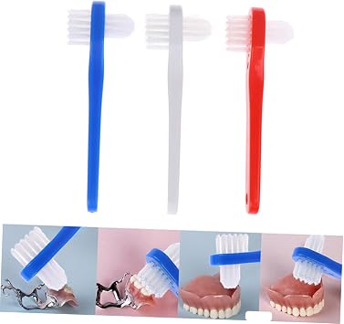 3pcs Double-Sided Denture Toothbrush for Adults, Plastic, Medium Bristles, Easy-Grip Handle, Portable Oral Cleaning Brush for Home Use