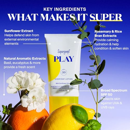 supergoop play everyday lotion spf 50 - broad spectrum body amp face sunscreen - great for active days - fast absorbing water amp sweat resistant - 18 fl oz