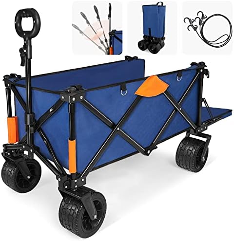 Kalrin Collapsible Folding Wagon, Portable Large Capacity Beach Wagon Cart with Opened Tailgate, Heavy Duty Utility Wagon with All-Terrain Wheels and Elastic Ropes for Camping, Garden, Sports