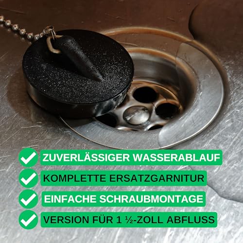 Ablaufventil für Spülbecken, 1 Set, Größe Ø 70 mm - 1 1/2 Zoll, SS201 Edelstahl Ventiloberteil, M6x60 Montageschraube, PP Unterbau mit Messing Mutter, PVC Dichtung, Ø 45,5 mm Stöpsel, Stopfen Ventil
