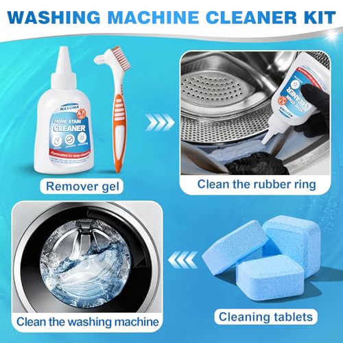 Navona 24 Pack Washing Machine Cleaner Tablets, Washer Cleaner Tablets Pro Set with Stain Remover Gel, Deep Cleaning for Odor, Limescale & Pet Hair, Works for Front Load & Top Load Washers